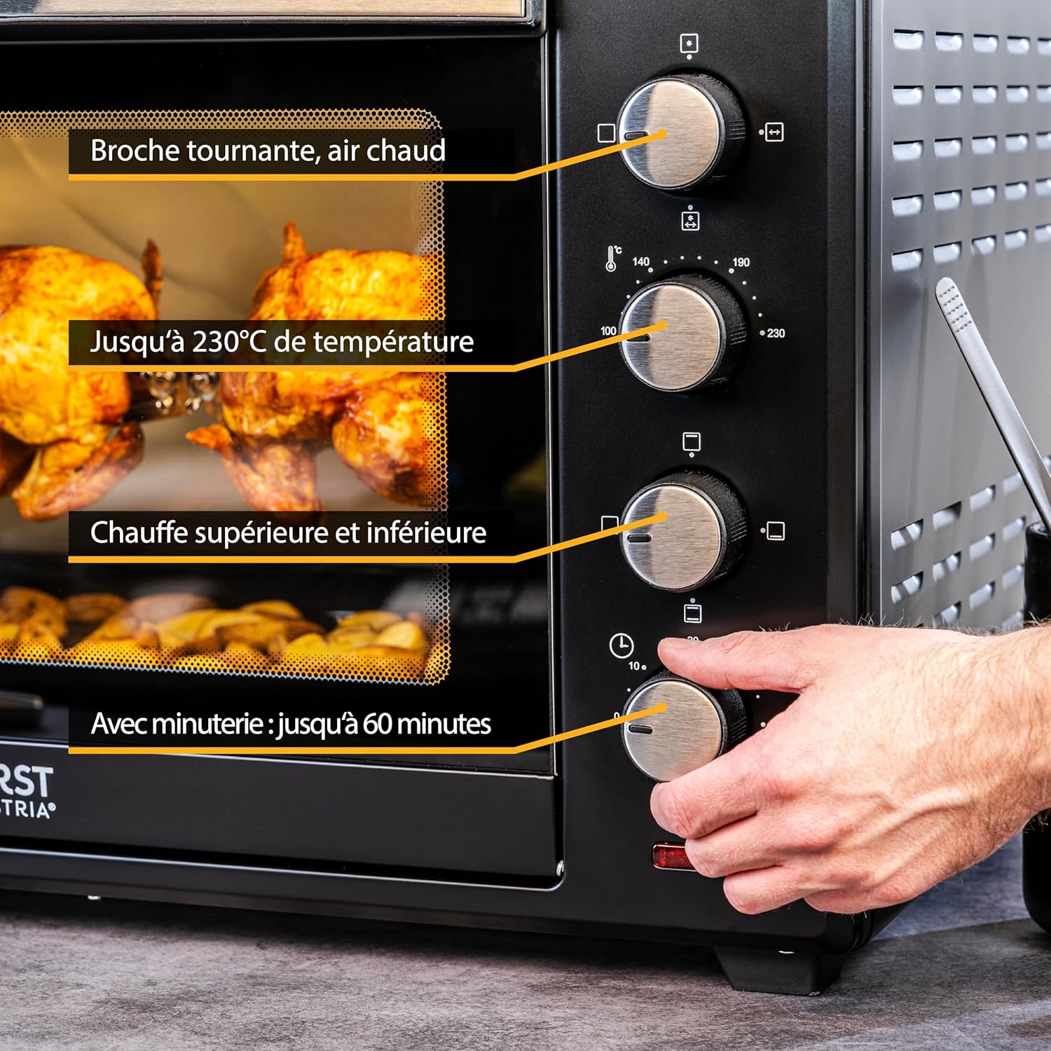 TZS First Austria Mini-four 60 l I 2000 W I Convection + Rôtisserie I 4 éléments chauffants I Plage de température jusqu'à 230 °C I Minuterie 60 min I Inox I Noir