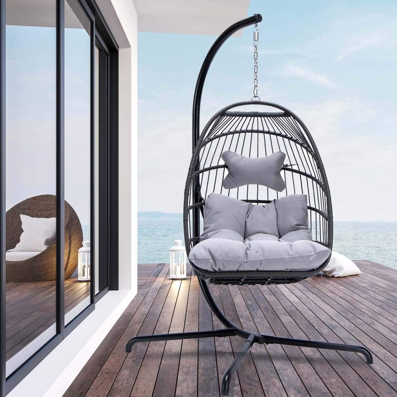 NICESOUL® Indoor Outdoor Patio Wicker Hanging Chair Swing Egg Basket Chairs with Stand UV Resistant Cushions 350lbs Capaticy for Patio Backyard Balcony Xmas Gift