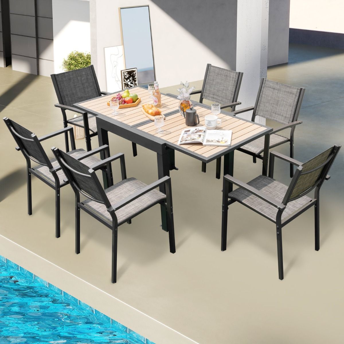 Table de Jardin Extensible en Aluminium Ajustable de 80 à 160 CM Table à Manger Extérieure Rectangulaire pour 4-6 Personnes Naturel