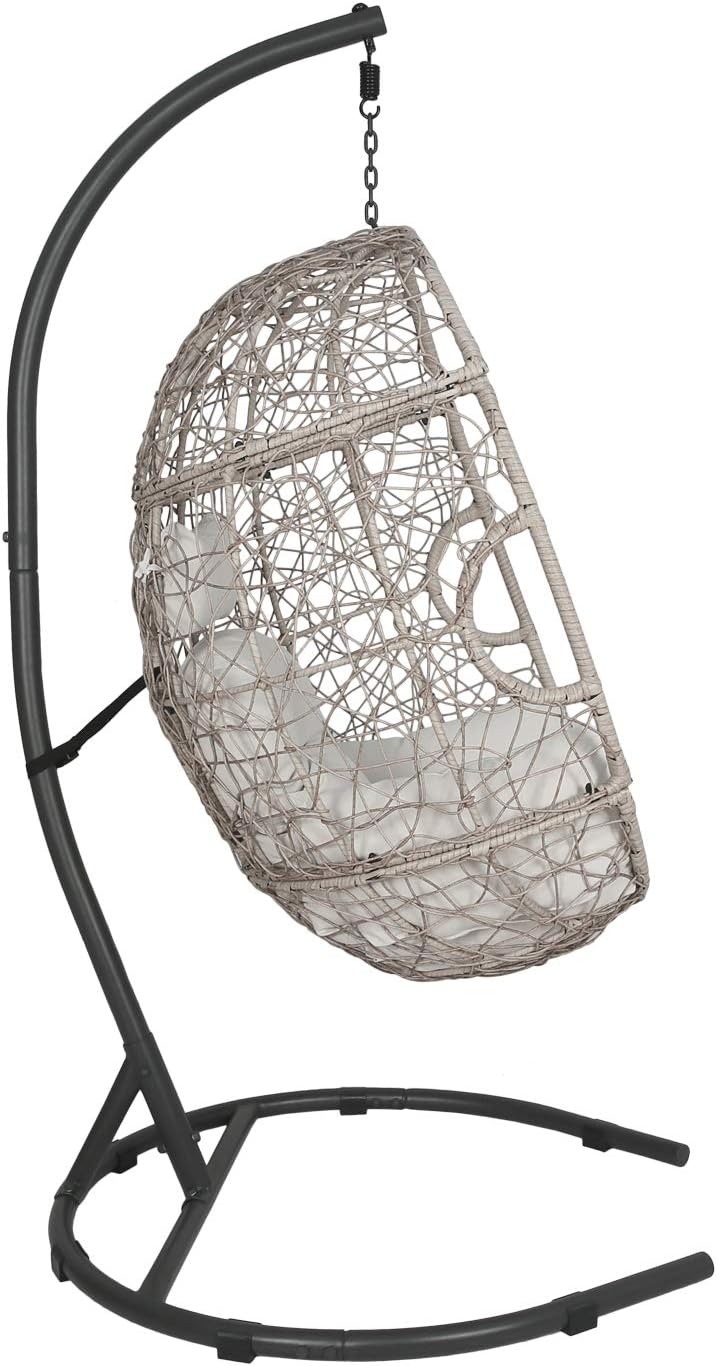 Ulax Furniture Outdoor Wicker Hanging Chair Indoor Swing Egg Chair with Stand Patio Rattan Hammock Basket Chair with Soft Deep Fluffy Cushion