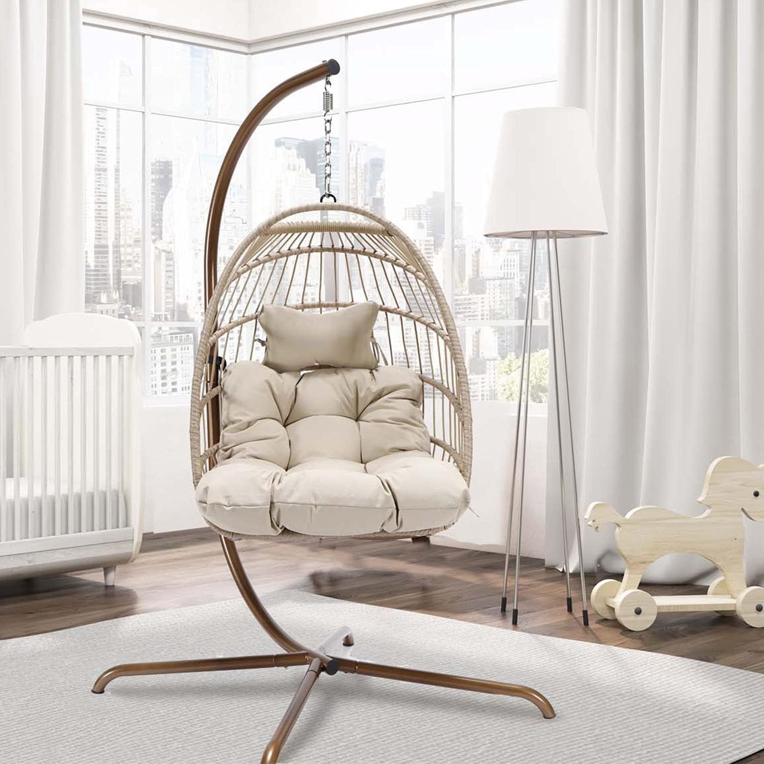 Swing Egg Chair Without Stand Indoor Outdoor Wicker Rattan Patio Basket Hanging Chair with UV Resistant Cushions 265lbs Capaticy for Bedroom Balcony Patio (Without Stand)