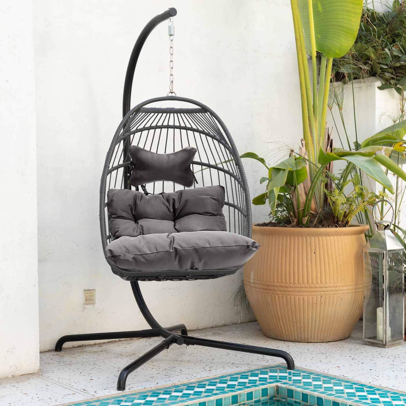 Swing Egg Chair Without Stand Indoor Outdoor Wicker Rattan Patio Basket Hanging Chair with UV Resistant Cushions 265lbs Capaticy for Bedroom Balcony Patio (Without Stand)