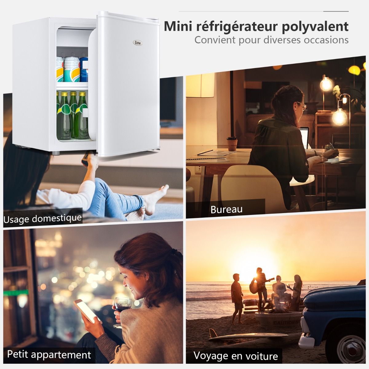 Mini Réfrigérateur 48L, 2 niveaux et porte-bouteille, bac à légumes, Silencieux 230V, 46 x 44 x 49 cm, Blanc