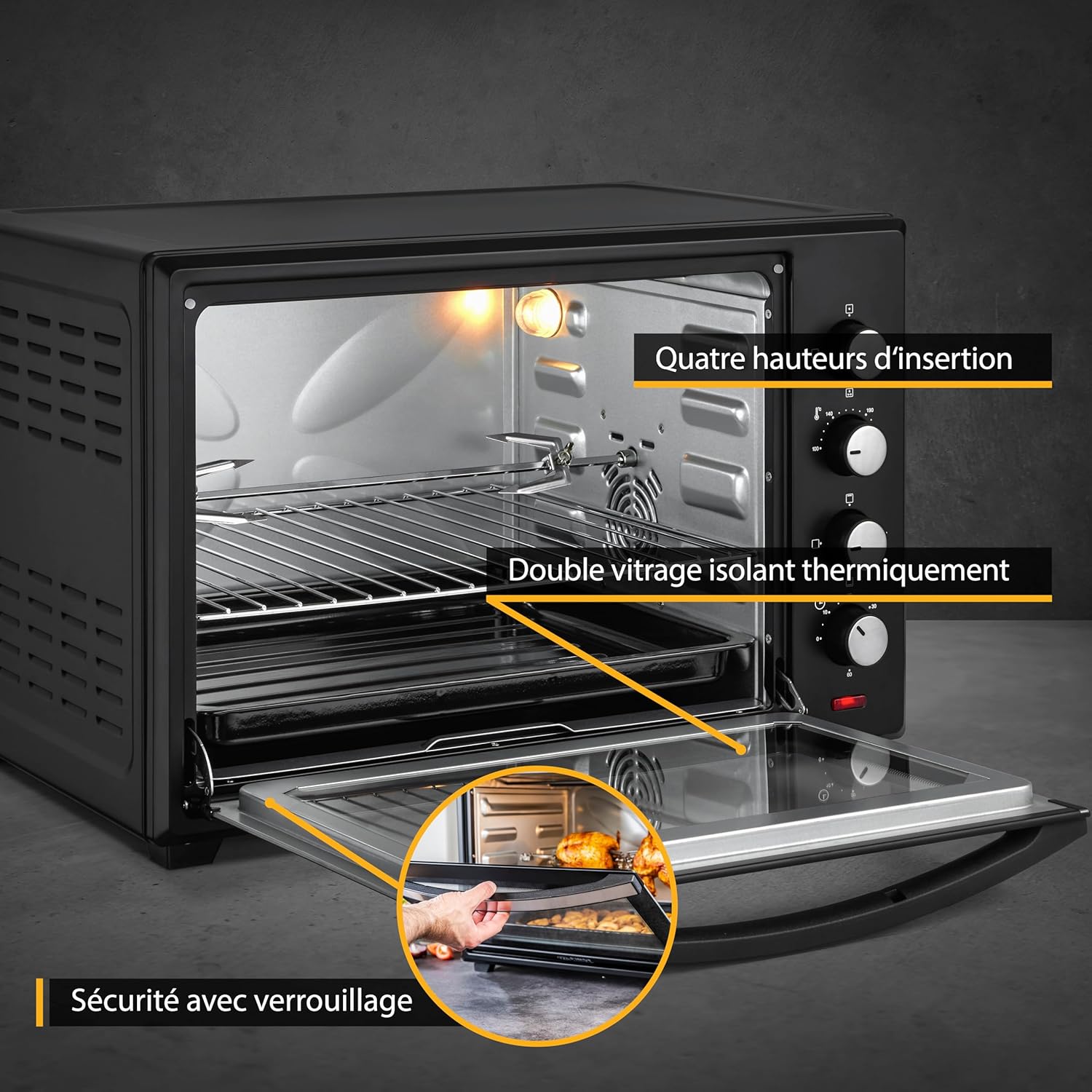 TZS First Austria Mini-four 60 l I 2000 W I Convection + Rôtisserie I 4 éléments chauffants I Plage de température jusqu'à 230 °C I Minuterie 60 min I Inox I Noir