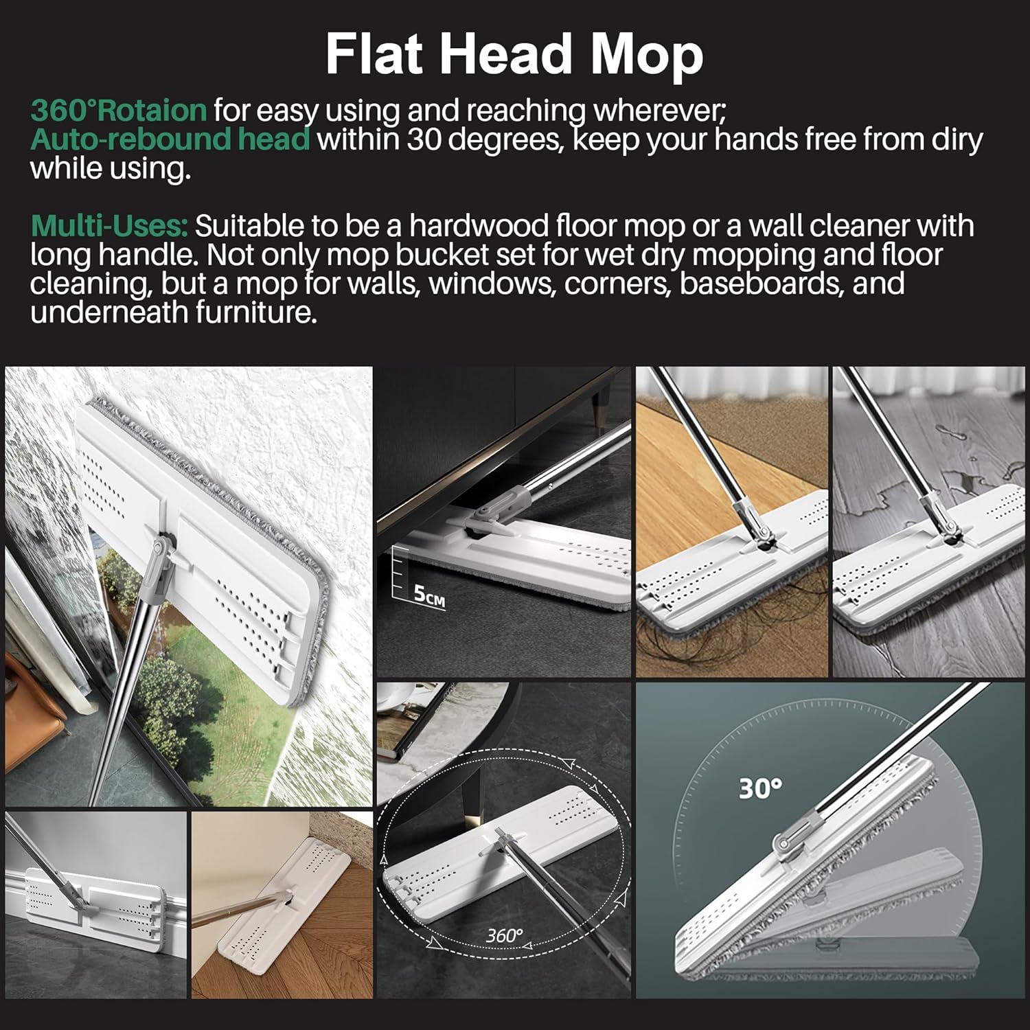 JOYMOOP mop and bucket with Wringer Set, Flat ,for floor cleaning with 3 Microfiber Pads, Wet and Dry Use, Household cleaning Tools, for Hardwood, Laminate, Tile