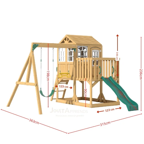 Aire de jeux enfant Montessori - 3 en 1 Balançoire, Toboggan, Cabane en bois modulable