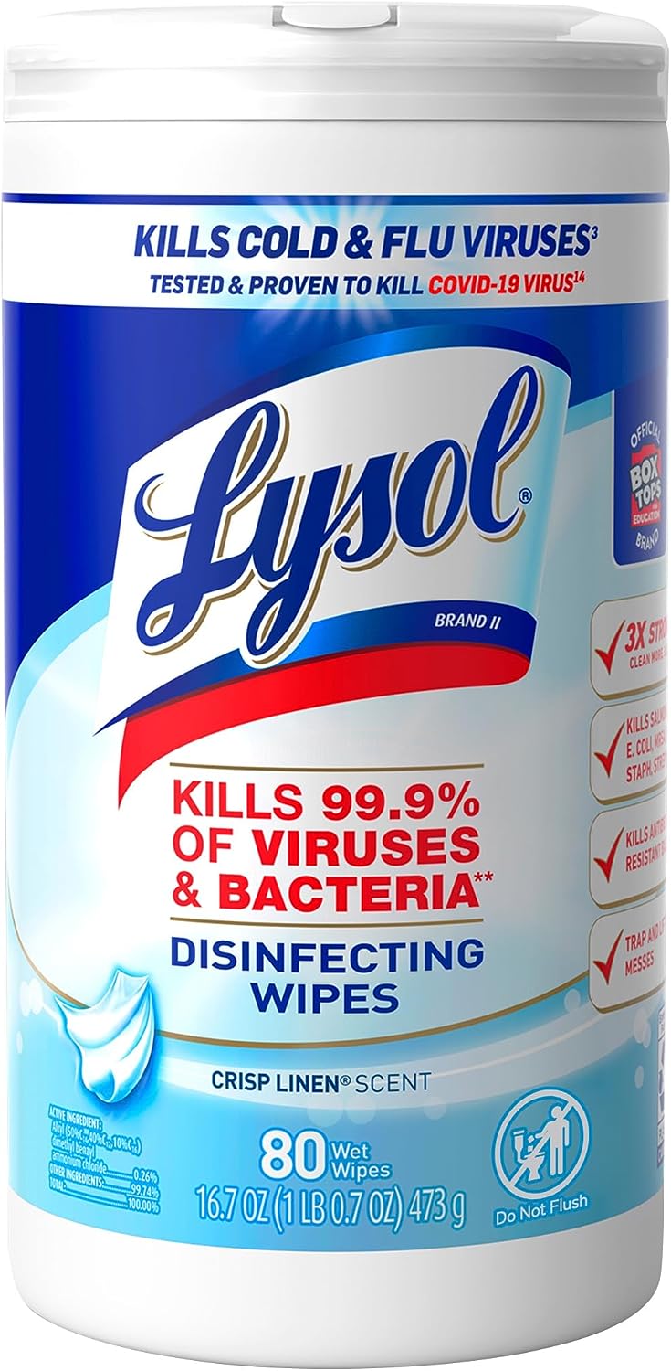 Lysol Disinfectant Wipes Bundle, Multi-Surface Antibacterial Cleaning Wipes, For Disinfecting & Cleaning, contains x2 Lemon & Lim Blossom (80ct) x1 Crisp Linen (80 Ct) & x1 Mango & Hibiscus (80 Ct)