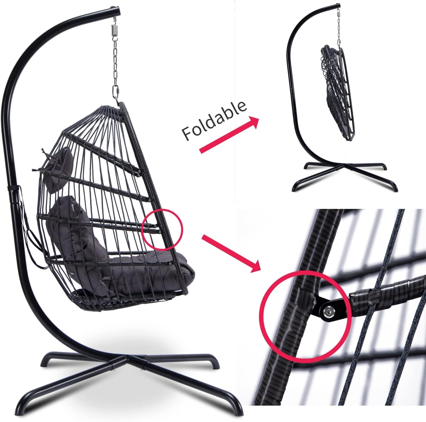 in Door Outdoor Patio Wicker Hanging Chair Swing Chair Patio Egg Chair UV Resistant Beige Cushion Aluminum Frame (Brown)