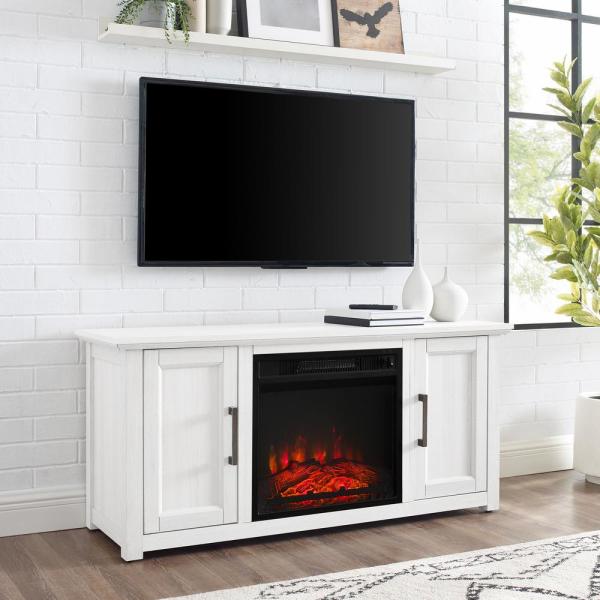 Camden Whitewash 48 in. Low Profile TV Stand with Fireplace Fits 50 in. TV with Cable Management