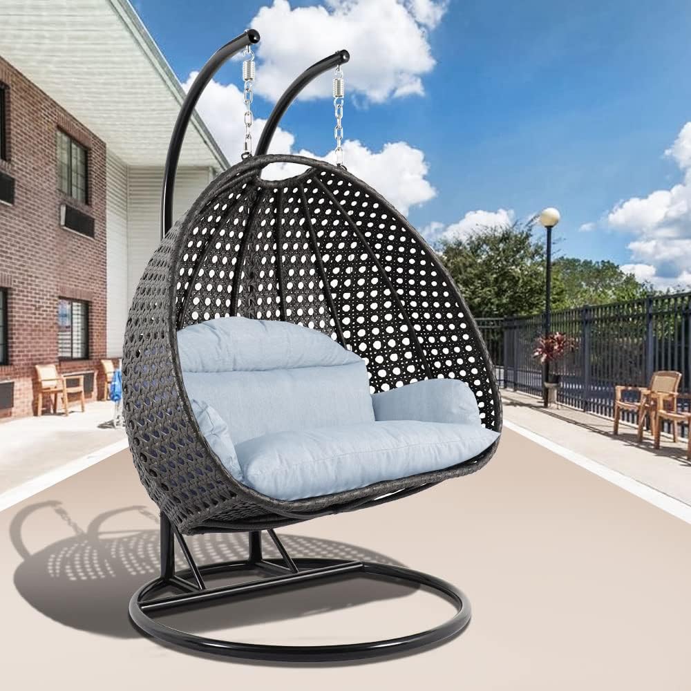 LeisureMod 2 Person Hanging Double Swing Chair, X-Large Wicker Rattan Egg Chair with Stand and Cushion for Indoor Outdoor Patio Garden (Light Green)
