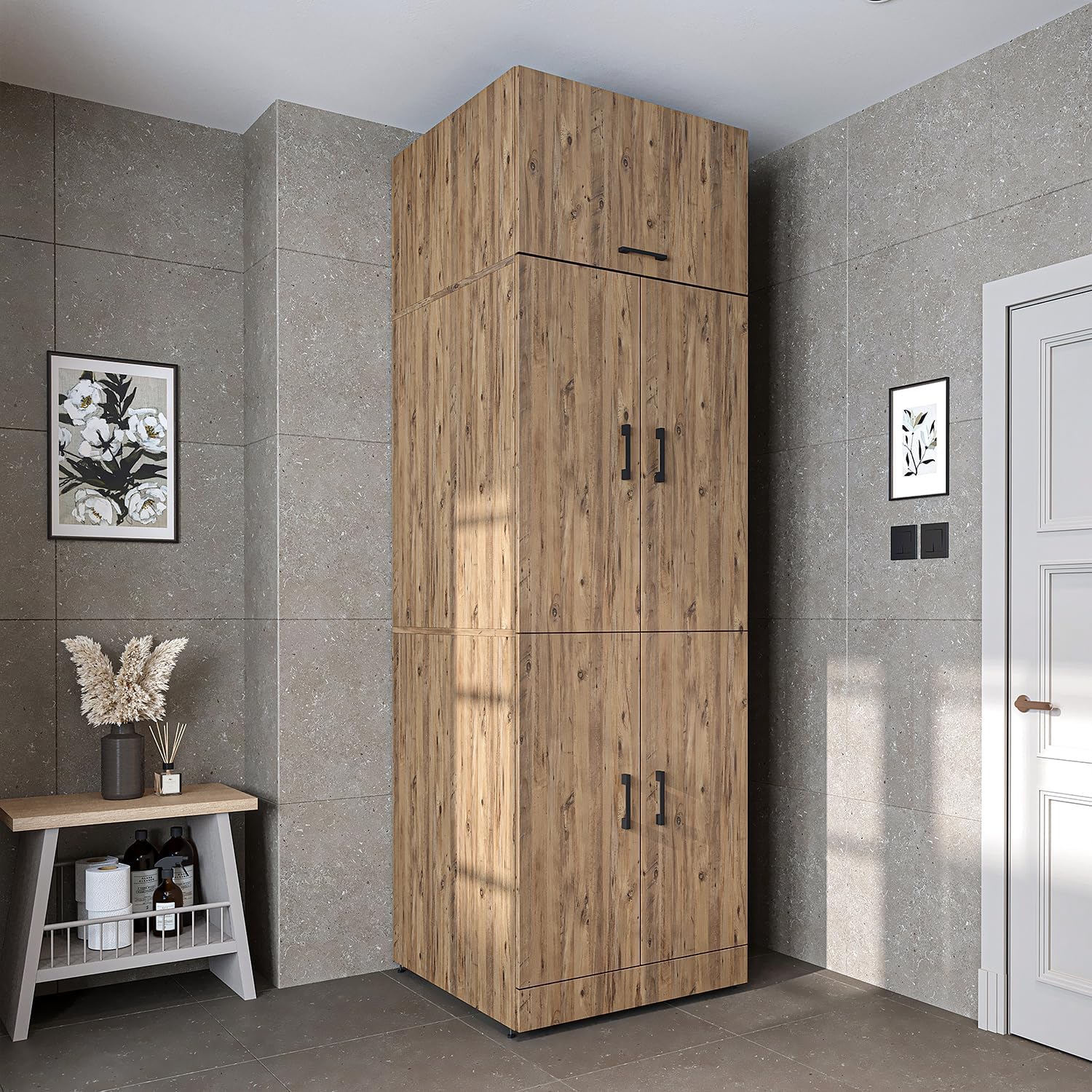 ROOMART Dora Armoire de machine à laver, pour sèche-linge et machine à laver, en 4 couleurs, avec portes et planche coulissante (chêne anthracite)