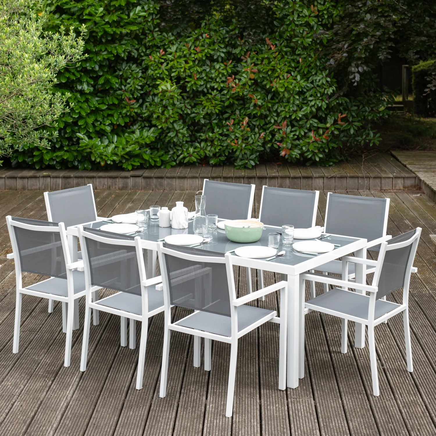 Salon de jardin BARI en textilène gris 8 places - aluminium blanc Happy Garden