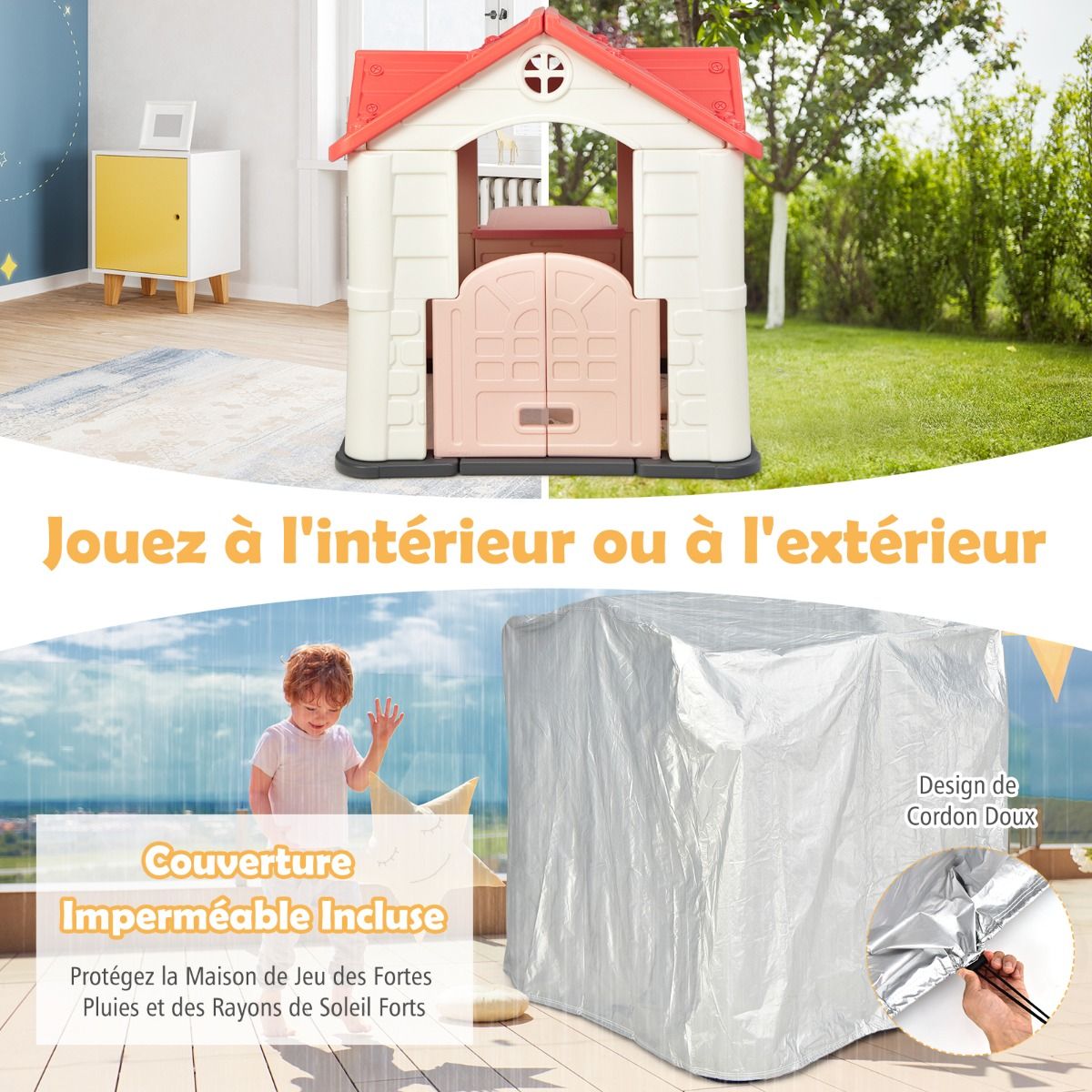 Maison Chef House -Thème Burger Bar - Table de Pique Nique Cabane de Jardin Anti-UV en Plastique 164x124x132 cm Bleu/Rose/Jaune