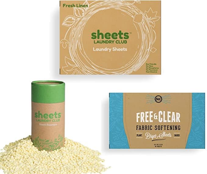 Sheets Laundry Club - 50 Fresh Linen(up to 100 loads) Laundry Detergent Sheets - 40 Lavender Dryer Sheets, 8oz Lavender Scent Booster Tube. Good for the earth and a breeze to use. Hypoallergenic