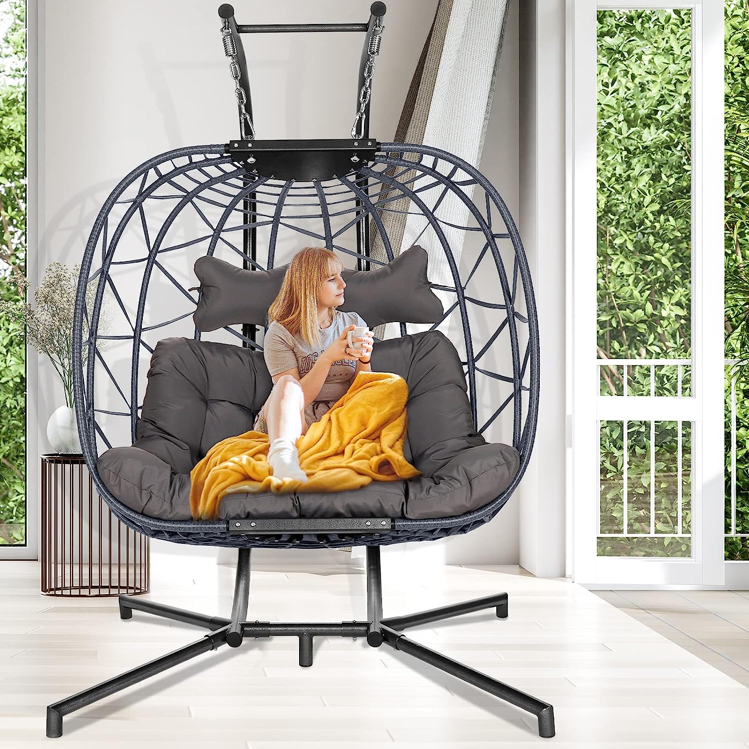 Swing Egg Chair Without Stand Indoor Outdoor Wicker Rattan Patio Basket Hanging Chair with UV Resistant Cushions 265lbs Capaticy for Bedroom Balcony Patio (Without Stand)