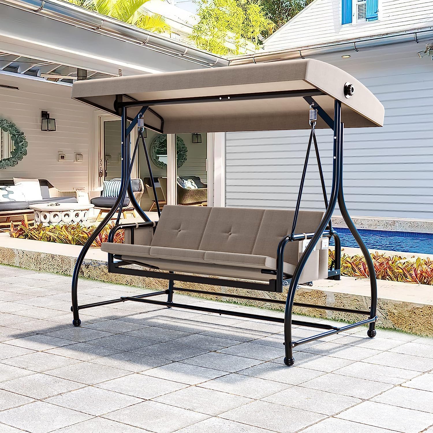 YITAHOME Porch Swing Bed 3-Seats Outdoor Patio Swing Heavy Duty Swing Chair with Adjustable Canopy Removable Cushion, Suitable for Adult in Garden, Poolside, Balcony, Brown