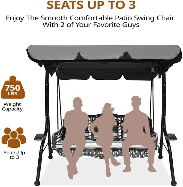 J.M.Deco 3 Seat Porch Swing, Outdoor Swing with Canopy Adjustable, 3 Pillows & 2 Side Trays, Wicker Patio Swing Chair for Balcony, Garden, Poolside, Backyard (Brown)
