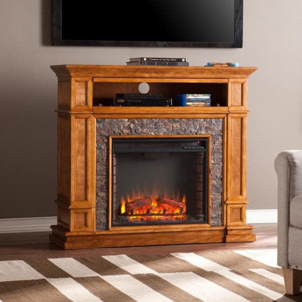Auburn 45.5 in. Faux Stone Media Electric Fireplace TV Stand in Brown Sienna
