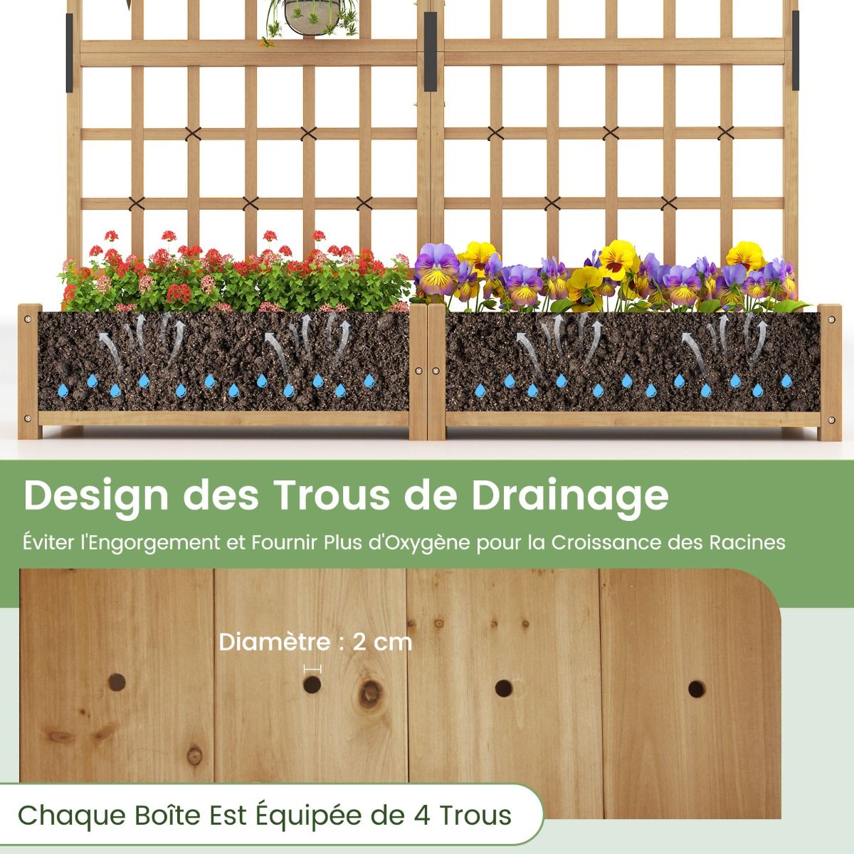 Jardinière avec 2 Treillis 2 Bacs Toit Suspendu en Bois Lit de Jardin Surélevé avec 4 Trous de Drainage 180 x 48 x 183 cm Orange