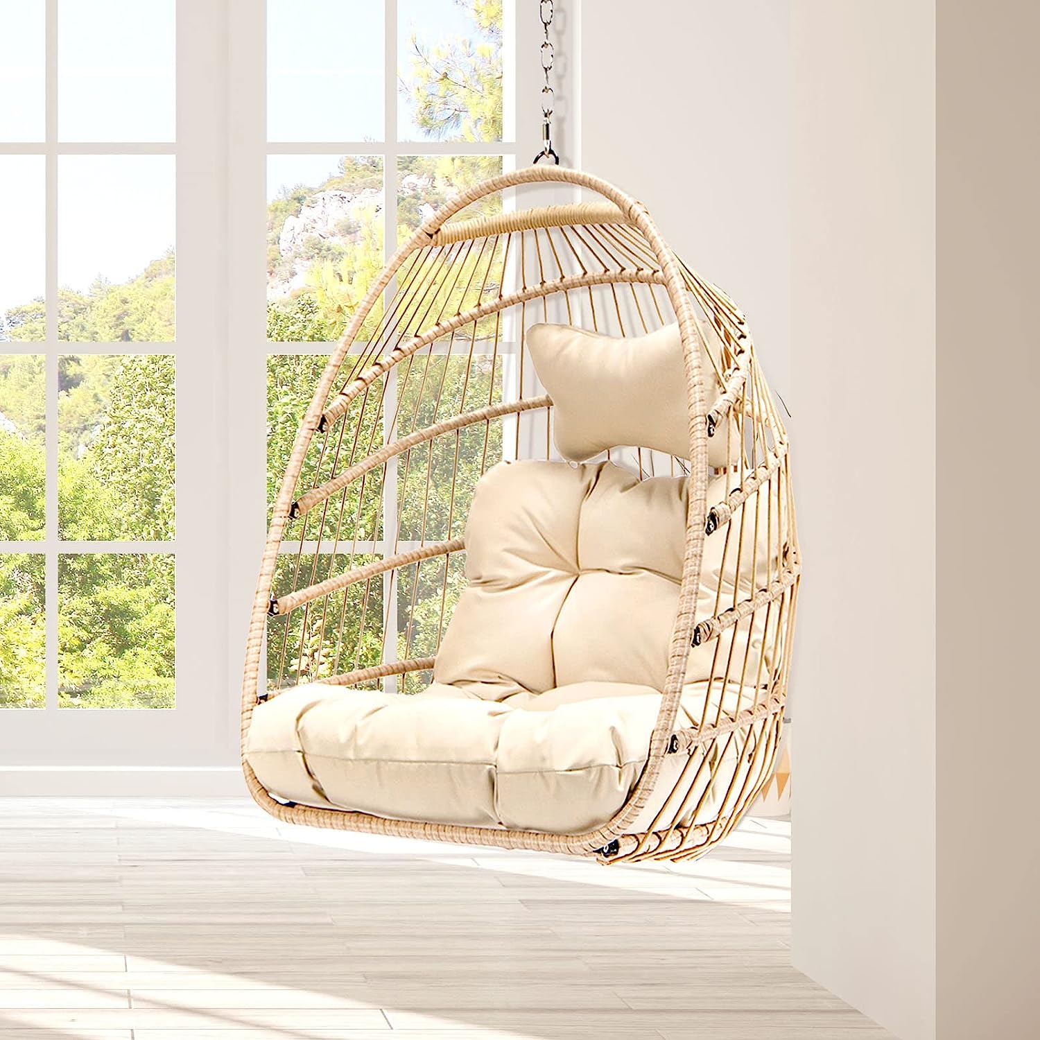 RADIATA Double Egg Chair with Stand Luxury Outdoor Patio Wicker Loveseat Hanging Swing Egg Chairs with Resistant Cushions Metal Frame 500 lbs Capaticy for 2 Persons Patio Backyard Balcony