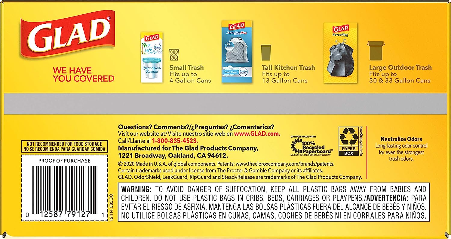 Glad Protection Series Force Flex Drawstring Fresh Clean Odor Shield 13 Gallon 1/110ct