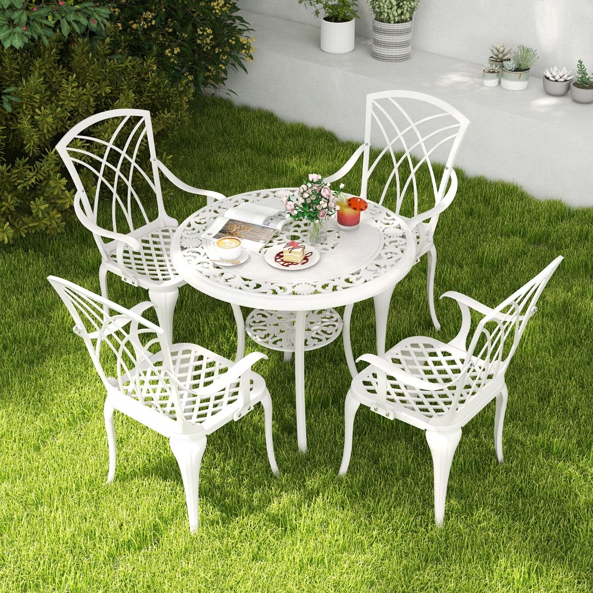 5 Pcs Salon de Jardin en Fonte d'Aluminium Trou pour Parasol Repose-pieds Réglables Ensemble de Table Ronde et 4 Chaises Blanc