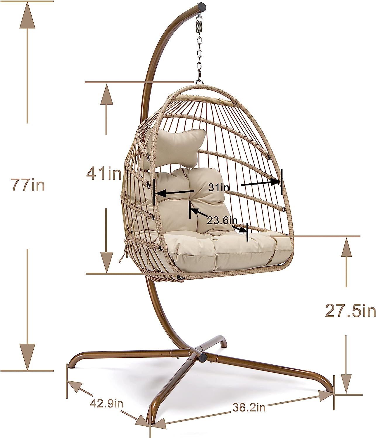 Swing Egg Chair Without Stand Indoor Outdoor Wicker Rattan Patio Basket Hanging Chair with UV Resistant Cushions 265lbs Capaticy for Bedroom Balcony Patio (Without Stand)
