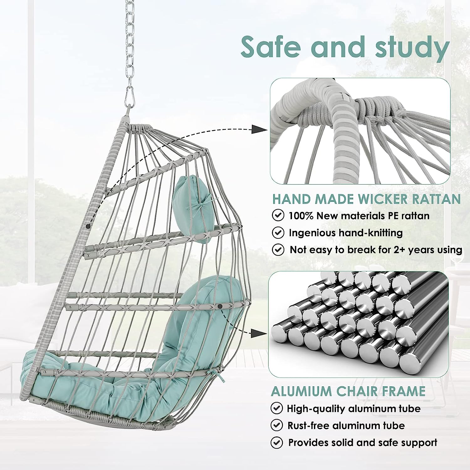 Hanging Egg Chair Without Stand - Foldable Indoor Outdoor Wicker Rattan Swing Egg Chair with Hanging Chain Hammock Chair - UV Resistant Cushions & Aluminum Frame for Bedroom Patio Camping (Grey)