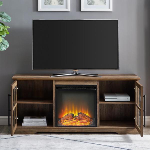 60 in. Reclaimed Barnwood Composite TV Stand Fits TVs Up to 65 in. with Electric Fireplace