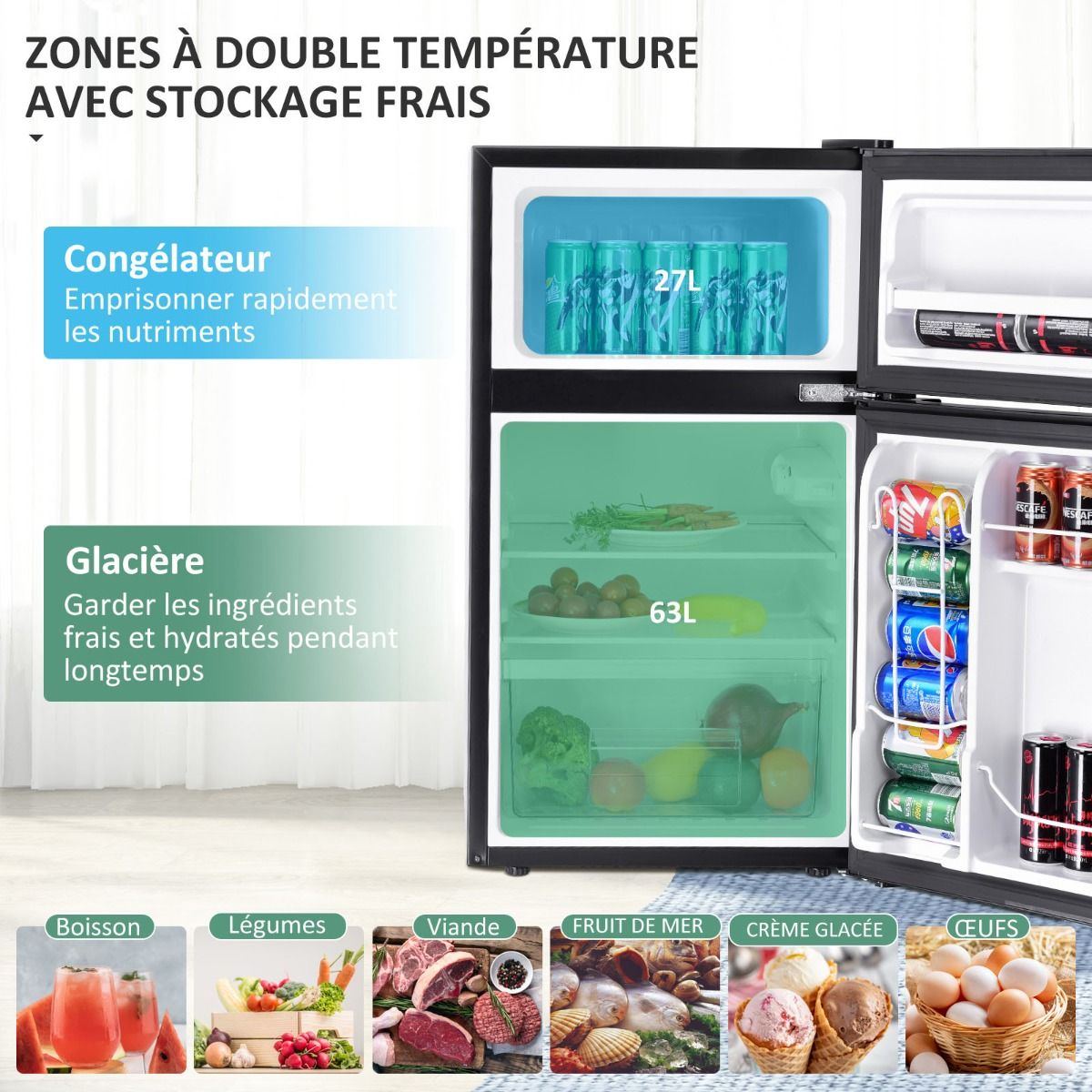 Réfrigérateur Compact Mini-réfrigérateur 90 L Congélateur Séparé avec Design à 2 Portes Fonctionnement Silencieux Blanc/Gris/Noir