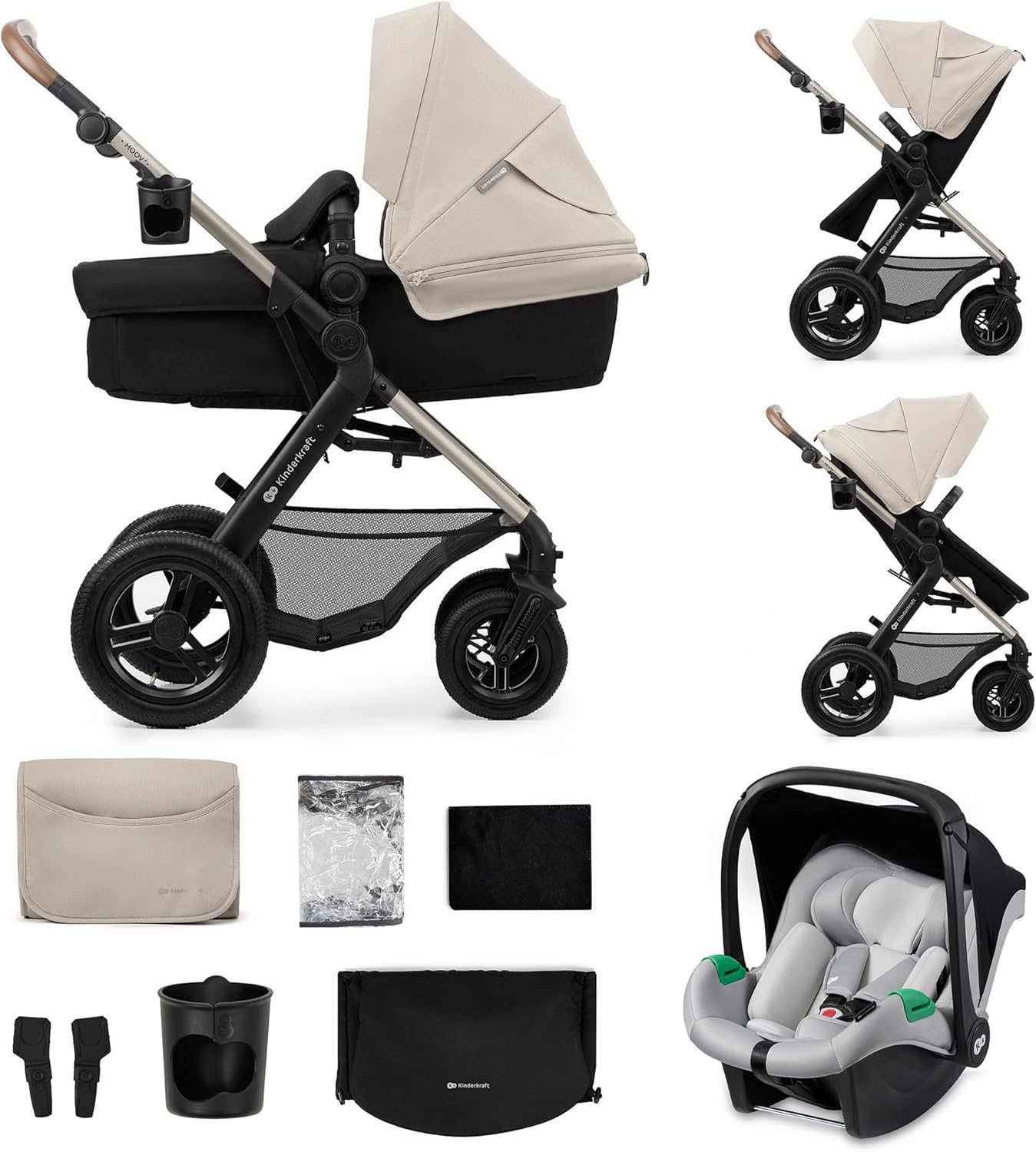 Kinderkraft MOOV2 Poussette 3 en 1, Système de voyage de la naissance à 27 kg, Siège auto Mink PRO I-Size inclus, Capote extensible avec filtre UPF50+, Accessoires pratiques, Gris