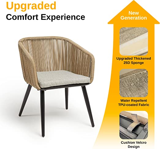 Patio Furniture Set, 3-Piece Outside Bistro Set Handwoven Rattan Wicker Chairs with Waterproof Cushions, Tempered Glass Table, Outdoor Conversation Set for Porch, Brown & Light Grey