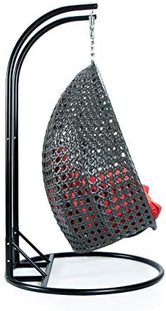 LeisureMod 2 Person Hanging Double Swing Chair, X-Large Wicker Rattan Egg Chair with Stand and Cushion for Indoor Outdoor Patio Garden (Light Green)