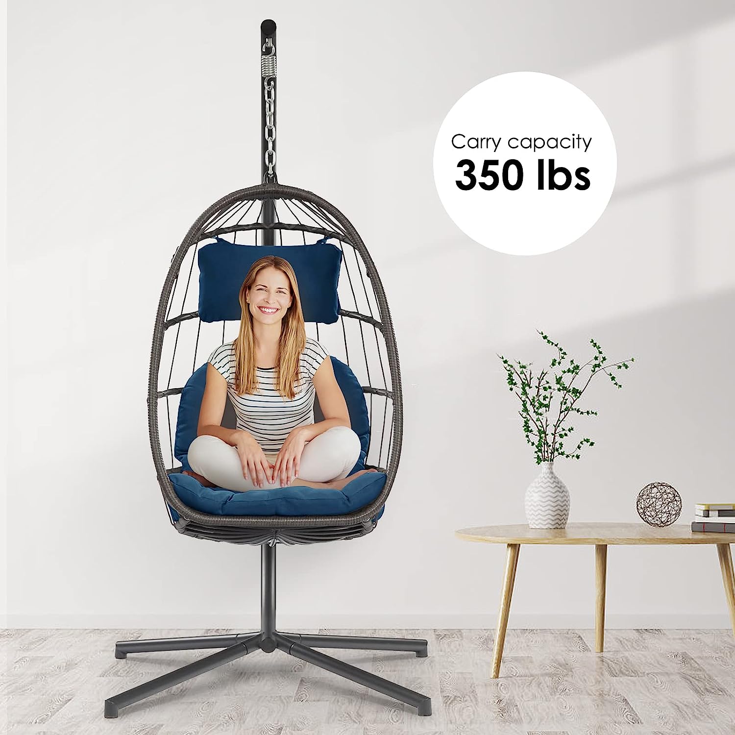 Egg Chair with Stand - Patio Rattan Wicker Hanging Swing Egg Chair Hammock Chair for Indoor Outdoor Bedroom Garden - Aluminum Steel Frame and UV Resistant Cushion 350LBS Capacity (Dark Grey)