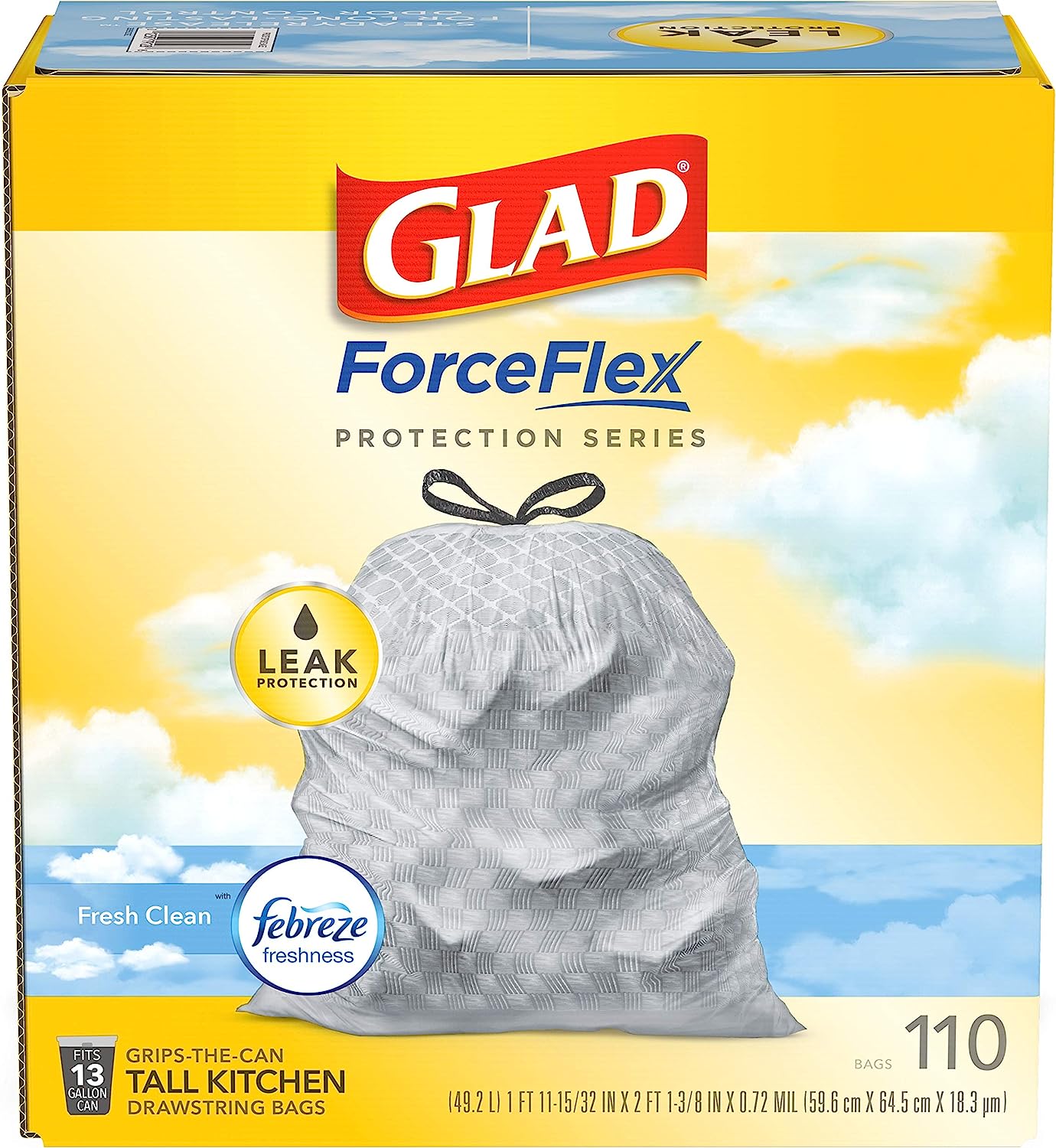Glad Protection Series Force Flex Drawstring Fresh Clean Odor Shield 13 Gallon 1/110ct