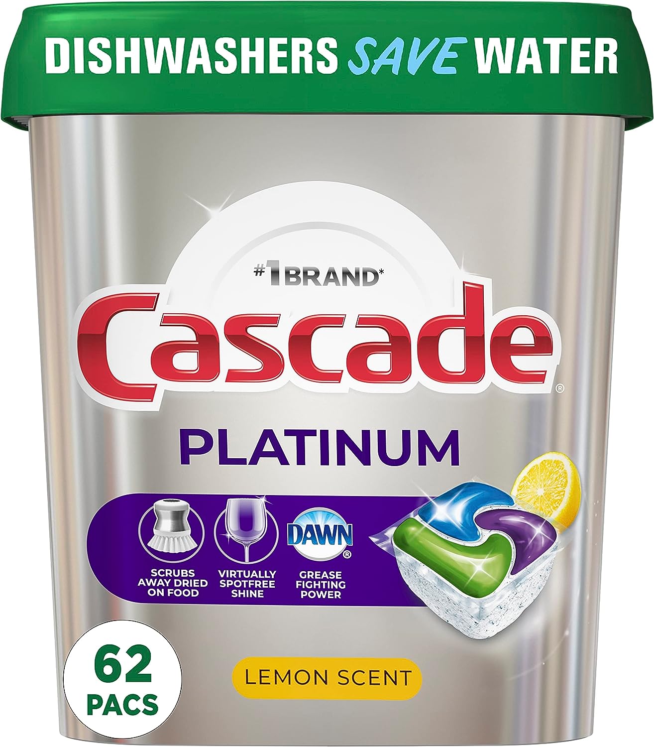 Cascade Platinum Dishwasher Pods, Dishwasher Detergent, Dishwasher Pod, Dishwasher Soap Pod, Actionpacs Dish Washing Pod, Lemon, 62 Count Dishwasher Detergent Pods