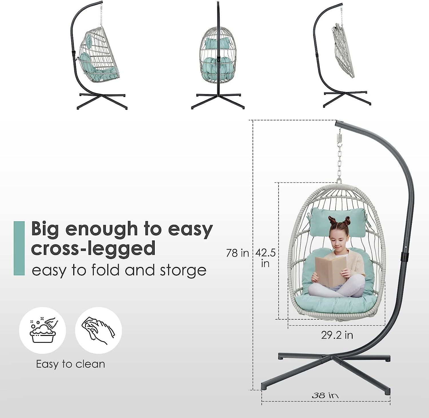 Brafab Swing Egg Chair, Hammock Chair, Hanging Chair, Aluminum Frame and UV Resistant Cushion with Steel Stand, Indoor Outdoor Patio Porch Lounge Bedroom Hand Made Wicker Rattan Chair, 350LBS Capacity