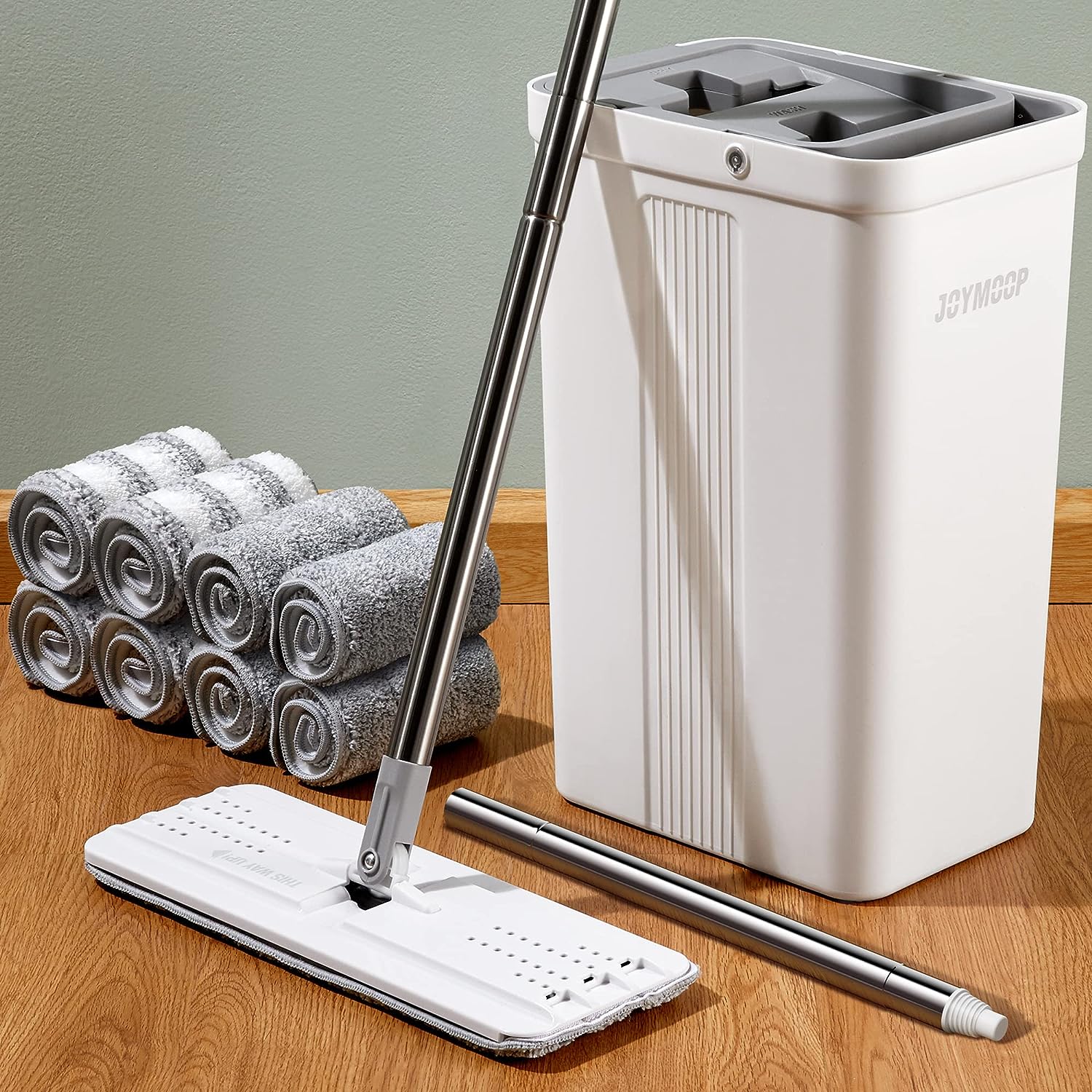 JOYMOOP mop and bucket with Wringer Set, Flat ,for floor cleaning with 3 Microfiber Pads, Wet and Dry Use, Household cleaning Tools, for Hardwood, Laminate, Tile