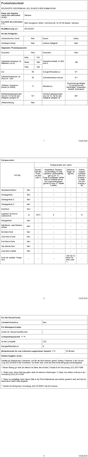 Siemens KI31RADD1 iQ500 - Réfrigérateur encastrable - 102,5 x 56 cm - 165 l - Fabriqué en Allemagne - Très silencieux, hyperFresh Box - Fraîcheur plus longue - Éclairage LED - SuperCooling -