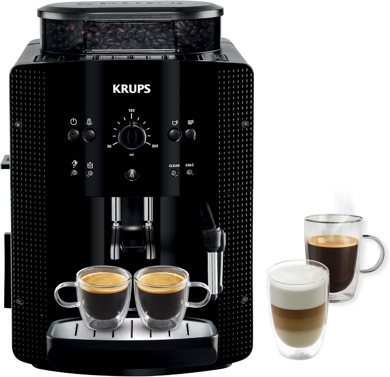 Krups Machine à café grain, 1,7 L, 2 tasses en simultané, Nettoyage automatique, Buse vapeur pour Cappuccino, Cafetière espresso, Essential noire YY8125FD, Noir