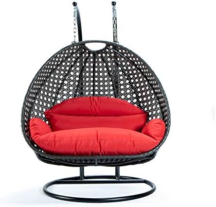 LeisureMod 2 Person Hanging Double Swing Chair, X-Large Wicker Rattan Egg Chair with Stand and Cushion for Indoor Outdoor Patio Garden (Light Green)