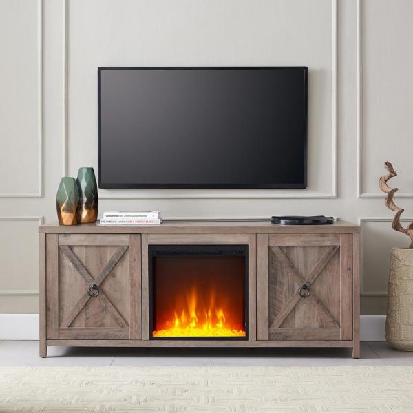 Granger 58 in. Gray Oak TV Stand with Crystal Fireplace Insert