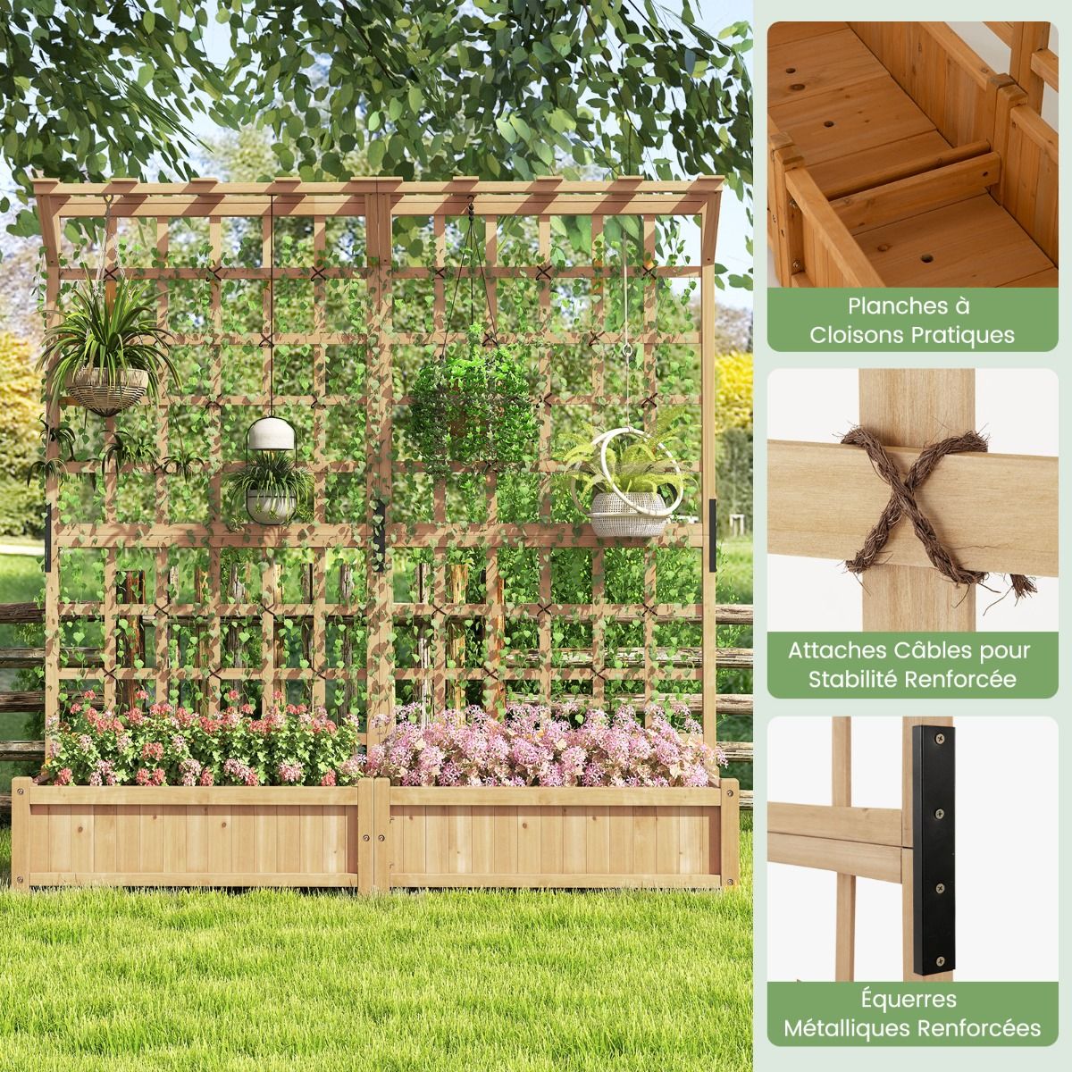 Jardinière avec 2 Treillis 2 Bacs Toit Suspendu en Bois Lit de Jardin Surélevé avec 4 Trous de Drainage 180 x 48 x 183 cm Orange