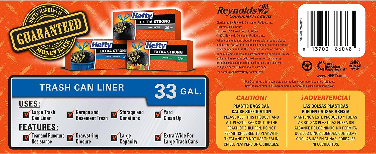 Hefty Strong Large Trash Bags, 33 Gallon, 48 Count
