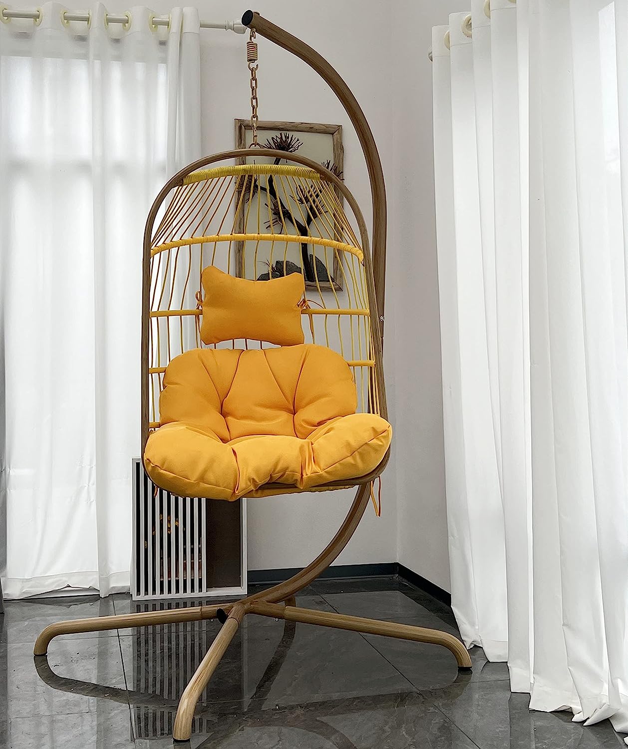 MOJIA Egg Chair with Stand and Oxford Cover, Patio Wicker Hanging Swing Chair with UV Resistant Cushion and Foldable Seat Basket