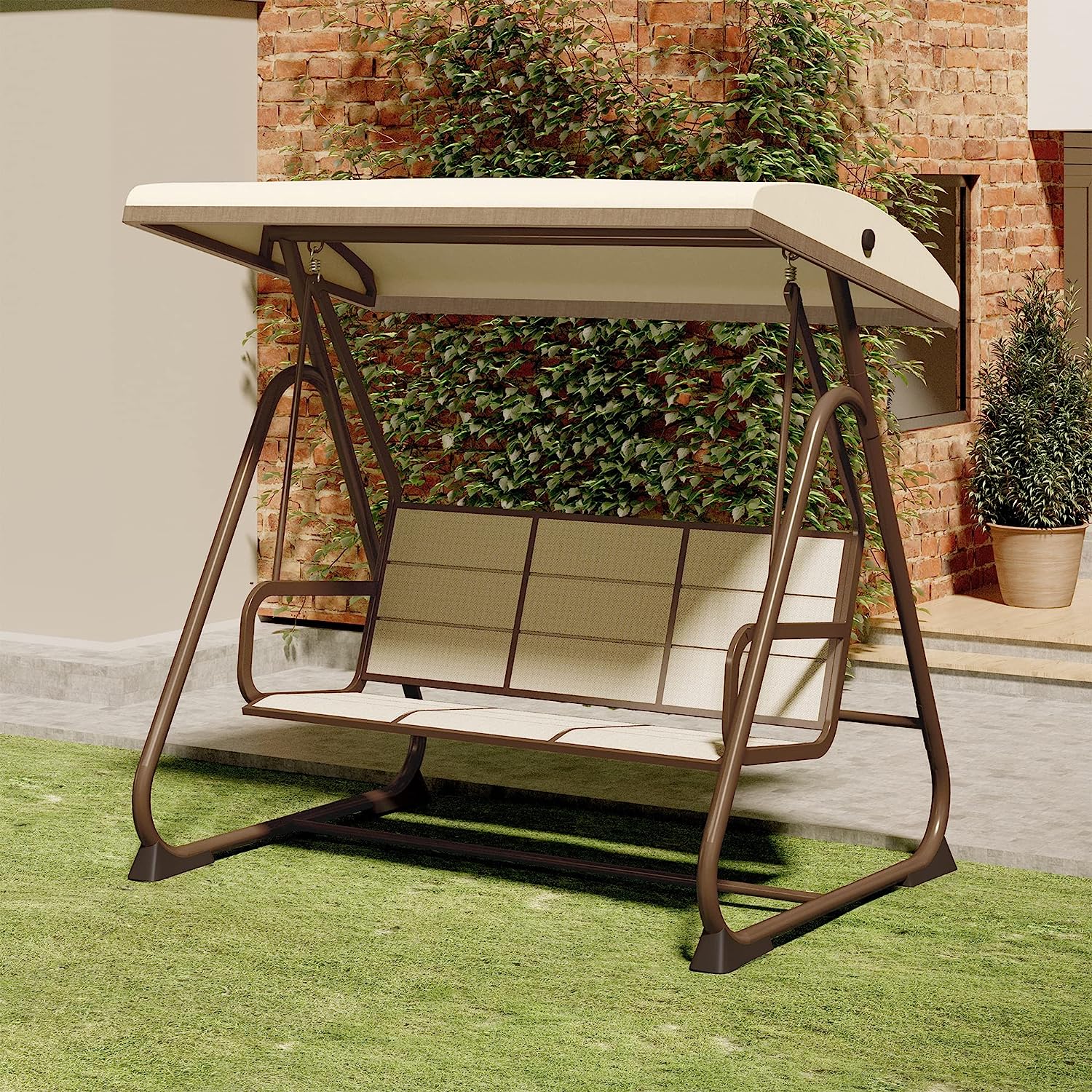 EAST OAK 3-Person Outdoor Patio Swing Chair with Adjustable Canopy, Porch Swing with Comfortable and Breathable Seats, Outdoor Swing Chairs for Garden, Balcony, Backyard, Charcoal Black