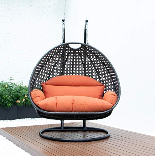 LeisureMod 2 Person Hanging Double Swing Chair, X-Large Wicker Rattan Egg Chair with Stand and Cushion for Indoor Outdoor Patio Garden (Light Green)