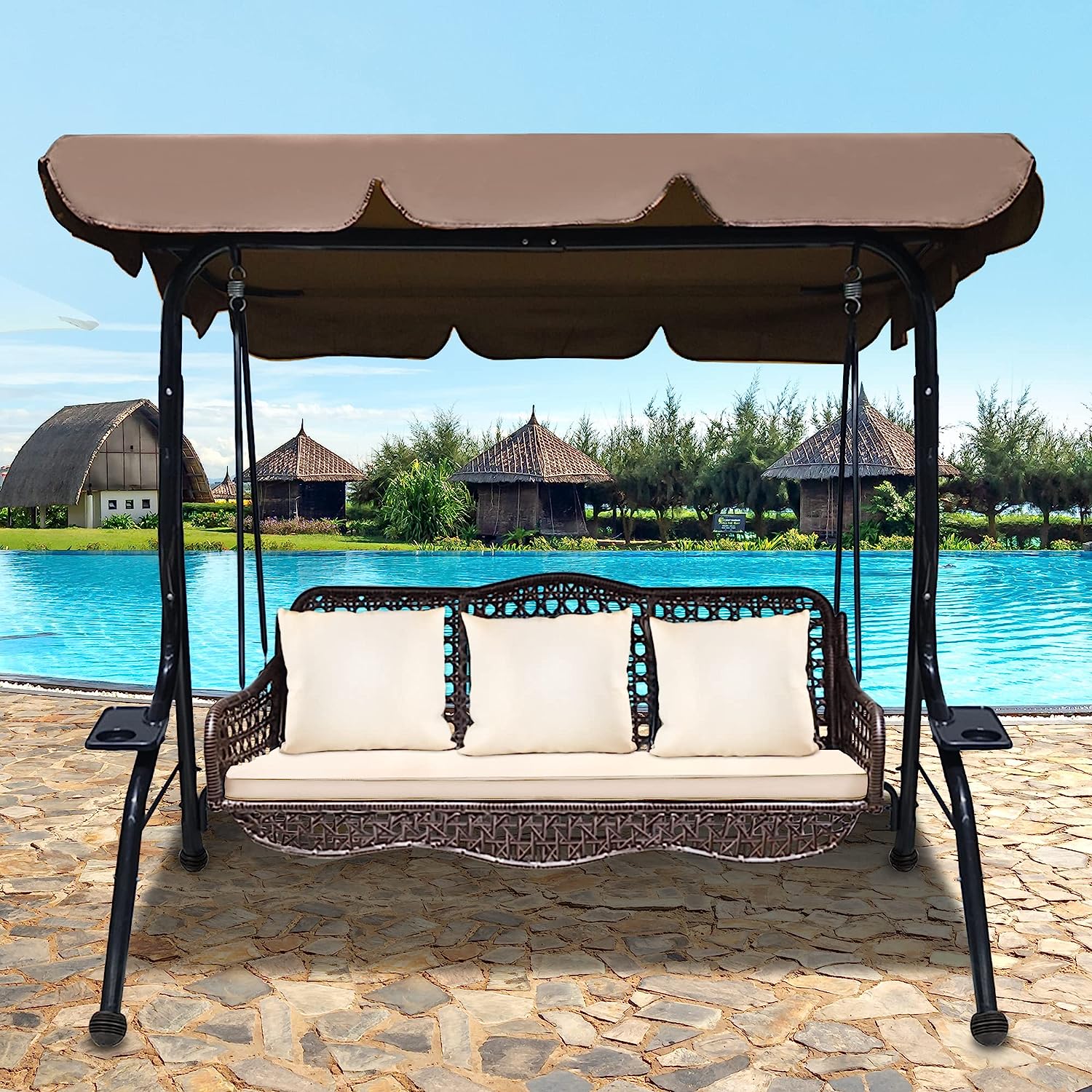 J.M.Deco 3 Seat Porch Swing, Outdoor Swing with Canopy Adjustable, 3 Pillows & 2 Side Trays, Wicker Patio Swing Chair for Balcony, Garden, Poolside, Backyard (Brown)