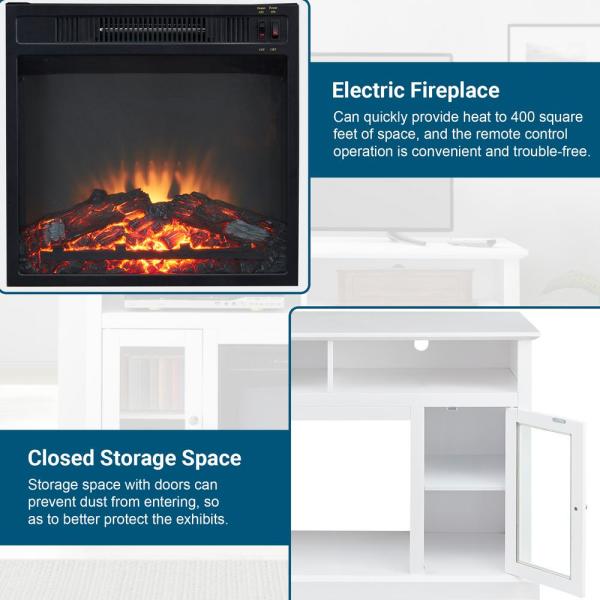 47.5 in. TV Stand Cabinet Sideboard with Electric Fireplace White Fits TV's Up to 55 in. with Ajustable Shelves