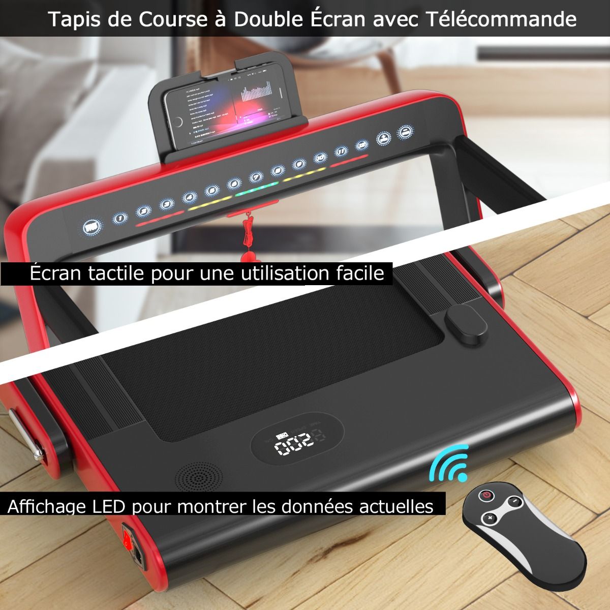 Tapis de Course Pliable 0,75HP Double Affichage LED APP et Télécommande Vitesse Motorisé 12 km/h Surface 40x100cm Rouge